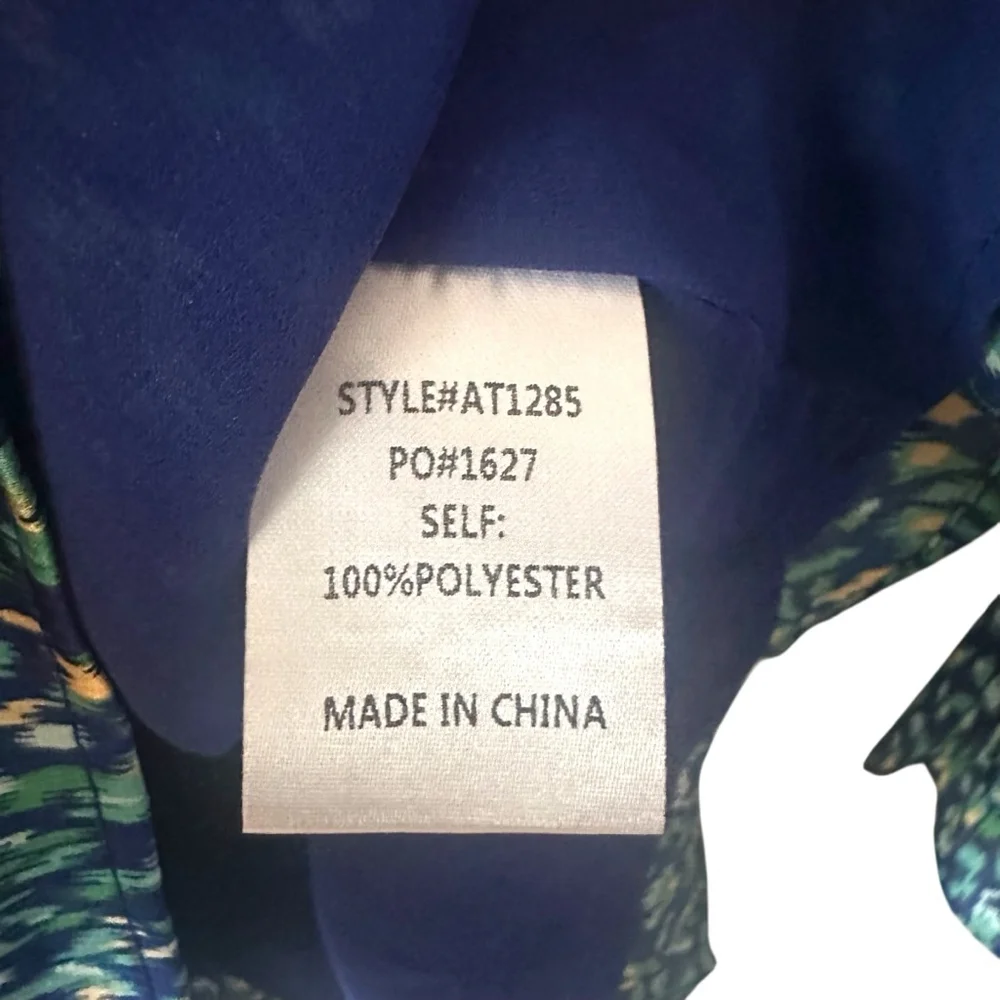 AnnieWear Los Angeles Boho Chiffon Blouse L Blue Green Ikat Ruffle Sleeve - Picture 7 of 10